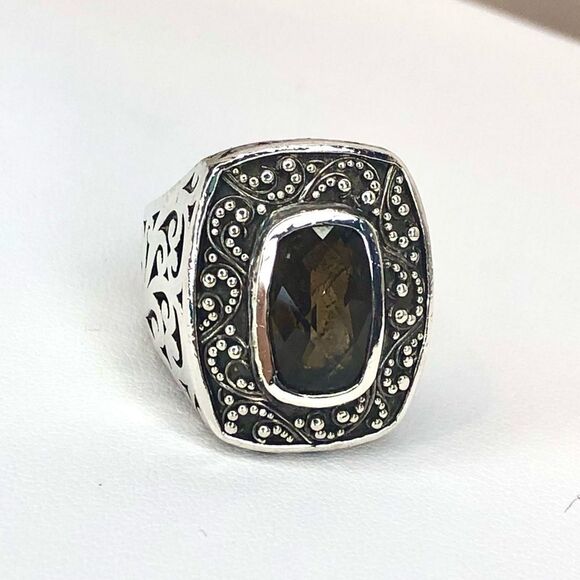 LOIS HILL Sterling Silver Smokey Topaz Granulated Caviar Cut Out Cocktail Ring - Picture 10 of 17